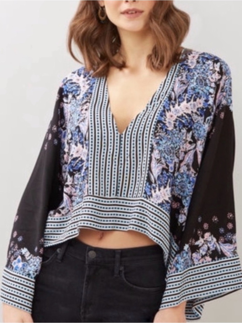 Free People! Cute Floral V-Neck Peasant Blouse in Black and Blue